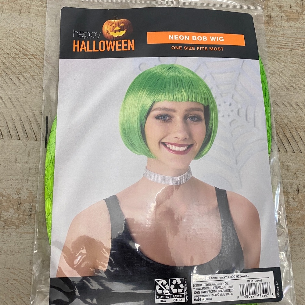 Happy Halloween Neon Green Bob Hair Wig One Size